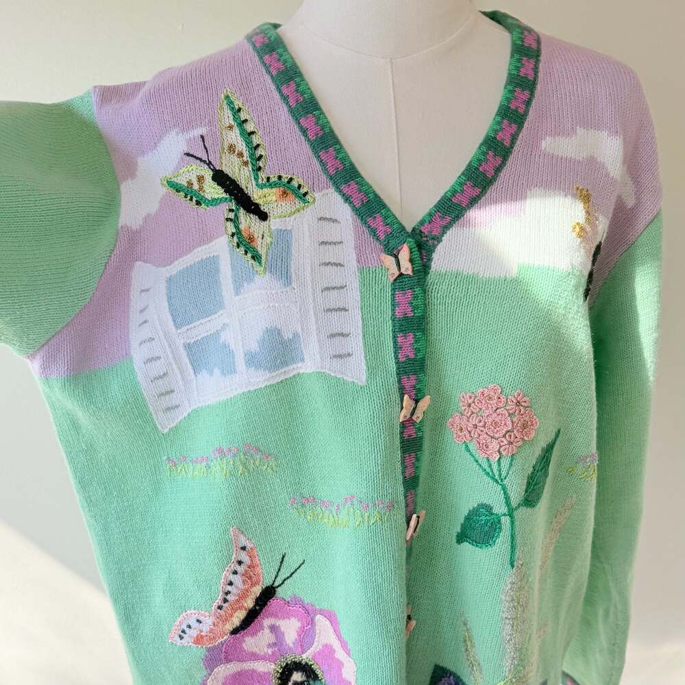 Vintage Storybook Butterfly and Floral Garden Knit Cardigan Sweater - Picture 6 of 15